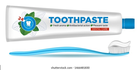 Toothbrush, toothpaste isolated on white background. Dental cleaning tools. Oral care and hygiene products. Vector illustration.