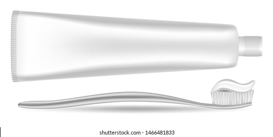 Toothbrush, toothpaste isolated on white background. Template mock up. Dental cleaning tools. Oral care and hygiene products. Vector illustration.