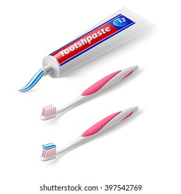 Toothbrush and Toothpaste in Isometric Style on White Background