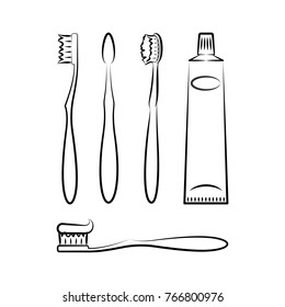 Toothbrush and Toothpaste. Line Art Vector Illustration Of A Toothbrush From Different Angles And A Toothpaste.