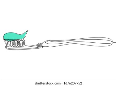 Toothbrush with toothpaste, line vector sign. Hygiene and teeth care symbol, logo illustration.Continuous one line drawing.