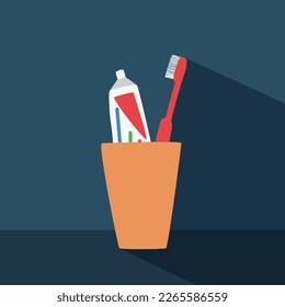 Toothbrush and toothpaste with long shadow flat vector illustration. Simple toothbrush and toothpaste in a cup clipart cartoon style hand drawn style. Oral dental hygiene concept cute vector design