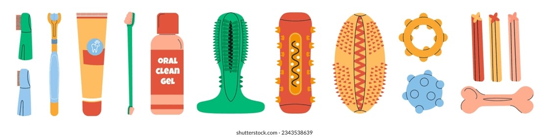 Toothbrush, toothpaste, masticatory toys, feed for clean dog teeth and gums. Oral hygiene for dogs of all breeds. Maintaining healthy. Vector illustration set isolated on white background