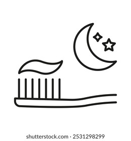 Toothbrush With Toothpaste And Moon Line Icon. Nighttime Dental Care Outline Symbol. Bedtime Hygiene Routine. Editable Stroke. Isolated Vector Illustration.