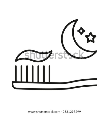 Toothbrush With Toothpaste And Moon Line Icon. Nighttime Dental Care Outline Symbol. Bedtime Hygiene Routine. Editable Stroke. Isolated Vector Illustration.