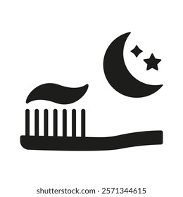 Toothbrush With Toothpaste And Moon Silhouette Icon. Nighttime Dental Care Glyph Symbol. Bedtime Hygiene Routine. Isolated Vector Illustration.