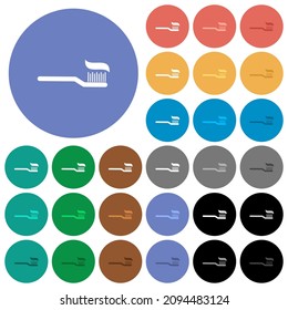 Toothbrush with toothpaste multi colored flat icons on round backgrounds. Included white, light and dark icon variations for hover and active status effects, and bonus shades.