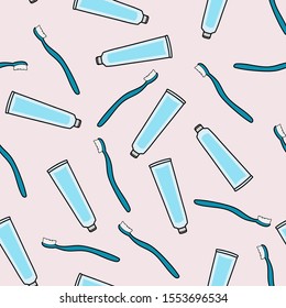 toothbrush and toothpaste on a pink background. Pattern