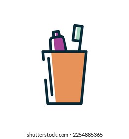 Toothbrush and toothpaste in plastic cup. Line. Outline. Flat design vector. 