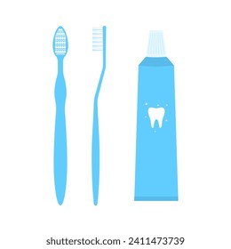 Toothbrush and toothpaste set vector flat illustration