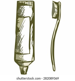 Toothbrush and toothpaste. Shades of green and yellow. Doodle style