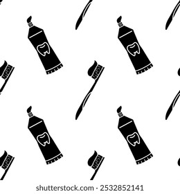 Toothbrush and Toothpaste silhouette cartoon seamless pattern, Vector.