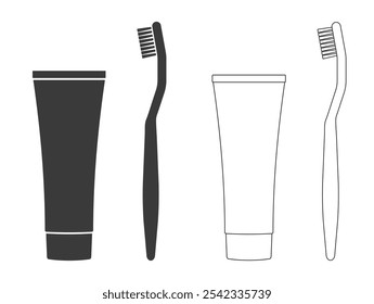 Toothbrush and toothpaste silhouette icon symbol shape. Dental care tooth brush logo sign. Vector illustration image. Isolated on white background.