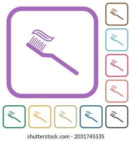 Toothbrush with toothpaste simple icons in color rounded square frames on white background