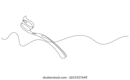 Toothbrush with toothpaste. Single continuous line drawing. Oral hygiene, dental care concept. Minimalist vector illustration. Editable stroke, isolated on white.