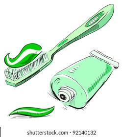 Toothbrush and toothpaste. Sketch icon in cartoon doodle style