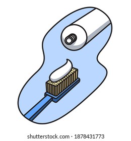 Un cepillo de dientes con pasta dental exprimido de un tubo. Cuidado oral lavándose los dientes. ilustración de estilo de С artoon