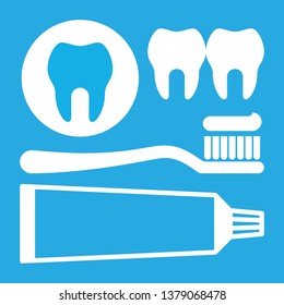 Toothbrush, toothpaste and tooth icon. Dental symbol set on blue background