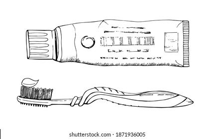 Toothbrush and toothpaste tube. Everyday teeth care concept. Dental cleaning. Sketch illustration. Vector 