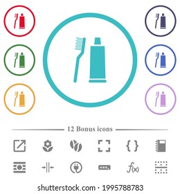 Toothbrush and toothpaste tube flat color icons in circle shape outlines. 12 bonus icons included.