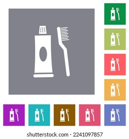 Toothbrush and toothpaste tube flat icons on simple color square backgrounds