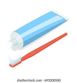 Toothbrush And Toothpaste Tube Isolated On White Background. Isometric Vector Illustration