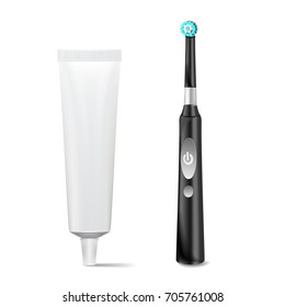 Toothbrush And Toothpaste Tube Vector. Realistic Electric Tooth Brush Mock Up For Branding Design. Isolated On White Illustration.

