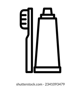 Toothbrush and Toothpaste Vector Icon, Outline style, isolated on white Background.