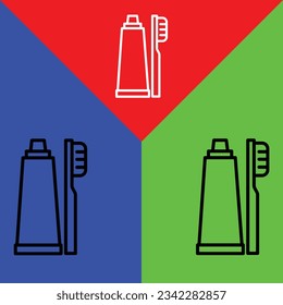 Toothbrush and Toothpaste Vector Icon, Outline style, isolated on Red, Blue and Green Background.