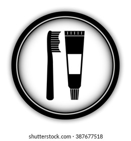 Toothbrush and toothpaste - vector icon; round  button with shadow