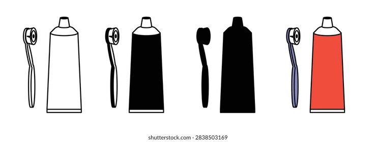 Toothbrush and toothpaste vector icon set, black and red linear dental care symbols