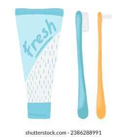 Toothbrush and toothpaste, vector illustration in cartoon flat style. Dental and oral care concept. Cute print for children books, kids dentistry clinic, thematic design and decor. Teeth hygiene. 