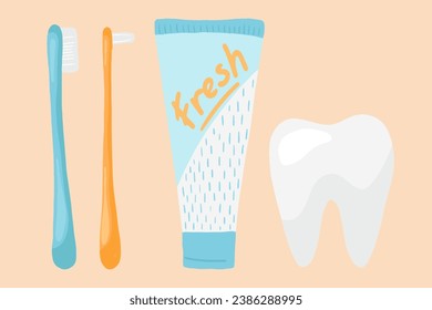 Toothbrush and toothpaste, vector illustration in cartoon flat style. Dental and oral care concept. Cute print for children books, kids dentistry clinic, thematic design and decor. Teeth hygiene. 