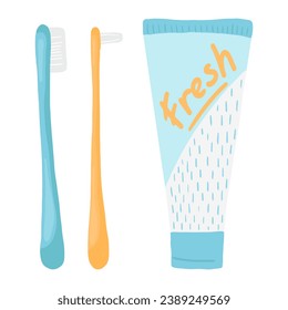 Toothbrush and toothpaste, vector illustration in cartoon flat style. Dental and oral care concept. Cute print for children books, kids dentistry clinic, thematic design and decor. Teeth hygiene. 
