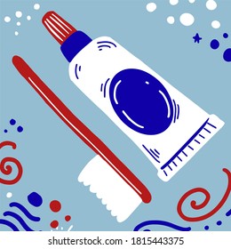 Toothbrush and toothpaste vector isolated illustration. Decorated with abstract modern elements. Dental, dentist, hygiene, medical, health, tooth, teeth, oral, mouth, care, stomatology.