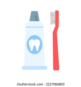 Cepillo de dientes y tubo de dentífrico. Limpieza dental, higiene oral. Atención dental. Ilustración del vector aislada en fondo blanco