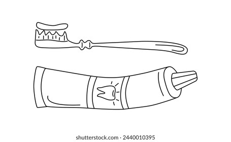  Cepillo de dientes y tubo de pasta de dientes. Dibujos, iconos de garabatos lineales. Odontología, limpieza dental, salud dental y blancura. Higiene oral. Gráficos vectoriales. Fondo aislado.