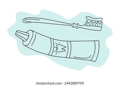  Cepillo de dientes y tubo de pasta de dientes. Dibujos, iconos de garabatos lineales. Odontología, limpieza dental, salud dental y blancura. Higiene oral. Gráficos vectoriales. Fondo aislado.