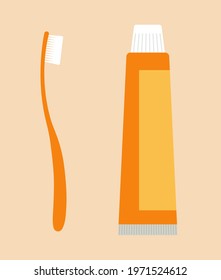 A toothbrush and a tube of toothpaste. Orange color. Flat vector illustration