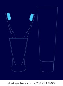 Toothbrush and a tube of toothpaste are shown in a blue background. The toothbrush is in a cup, and the tube is next to it. Concept of dental hygiene and the importance of brushing teeth regularly