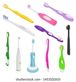 Toothbrush vector dental hygiene tooth brush for brushing teeth with toothpaste illustration dentistry isometric set of brushed tool isolated on white background