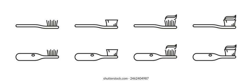 Toothbrush vector icon set. Tooth brush with toothpaste icons.