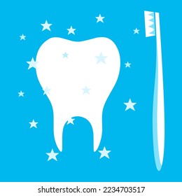 Ilustración vectorial de cepillo de dientes sobre fondo azul. Concepto de dientes blancos brillante.