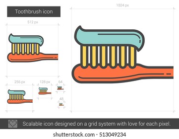 Icono de línea vectorial de cepillo de dientes aislado en fondo blanco. Icono de la línea del cepillo de dientes para infografía, sitio web o aplicación. Icono escalable diseñado en un sistema de cuadrícula.