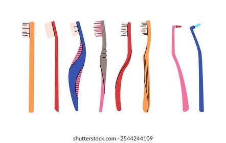 Conjunto de vetores de escova de dentes. Conceito de odontologia, cuidado bucal. Diferentes desenhos de escovas de dentes. Acessórios para limpeza de dentes. Vetor colorido isolado em um fundo branco