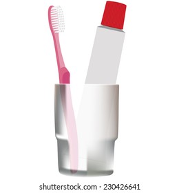 Toothbrush vector, toothpaste, toiletries, pink toothbrush, grey glass