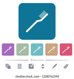 Toothbrush white flat icons on color rounded square backgrounds. 6 bonus icons included