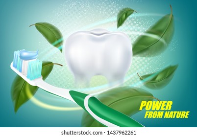 Toothbrush and white teeth isolated on solid color background ads, Realistic vector 3d illustration, Of free space for your texts and branding.