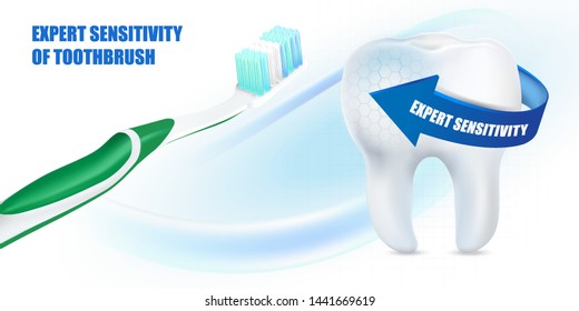 Toothbrush and white teeth isolated on solid color background ads, Realistic vector 3d illustration, Of free space for your texts and branding.