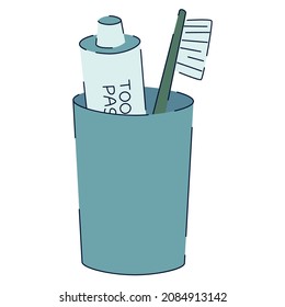 Toothbrushe and paste in plastic glass flat vector